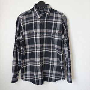 Dickies Relaxed Fit Plaid Long Sleeves Black/White Button Down Shirt Mens, Small